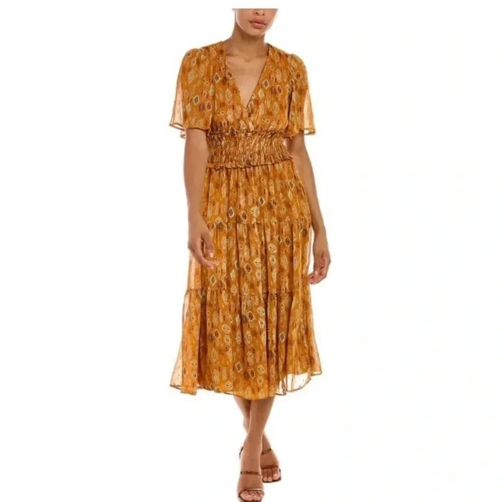 TAYLOR | Smocked Waist Brown Cottagecore Fit-And-Flare Tiered Midi Dress Size S - Picture 4 of 14